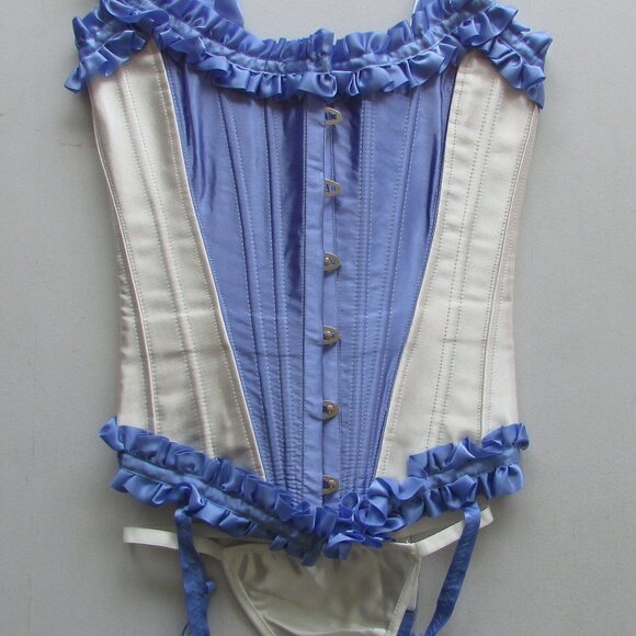 Blue Cream Ruffled Steel Boned Corset Set - NEW - Picture 3 of 13